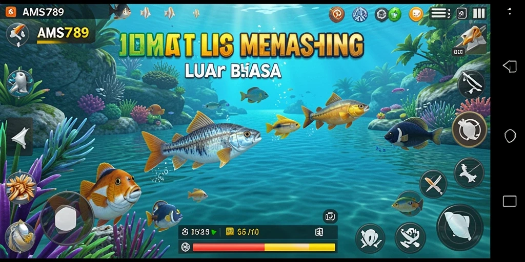 Screenshot utama AMS789 menampilkan gameplay memancing yang menarik.