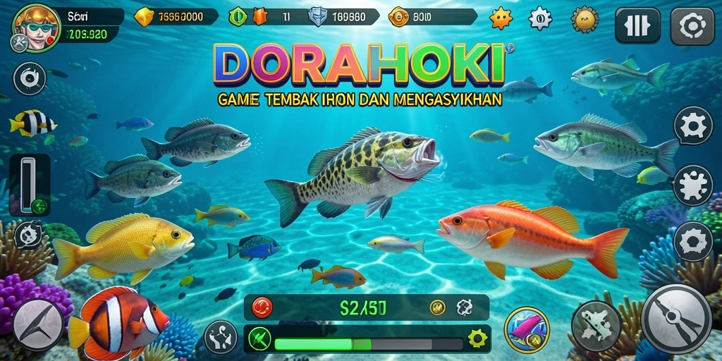 Screenshot gameplay DORAHOKI menampilkan aksi menembak ikan yang seru.