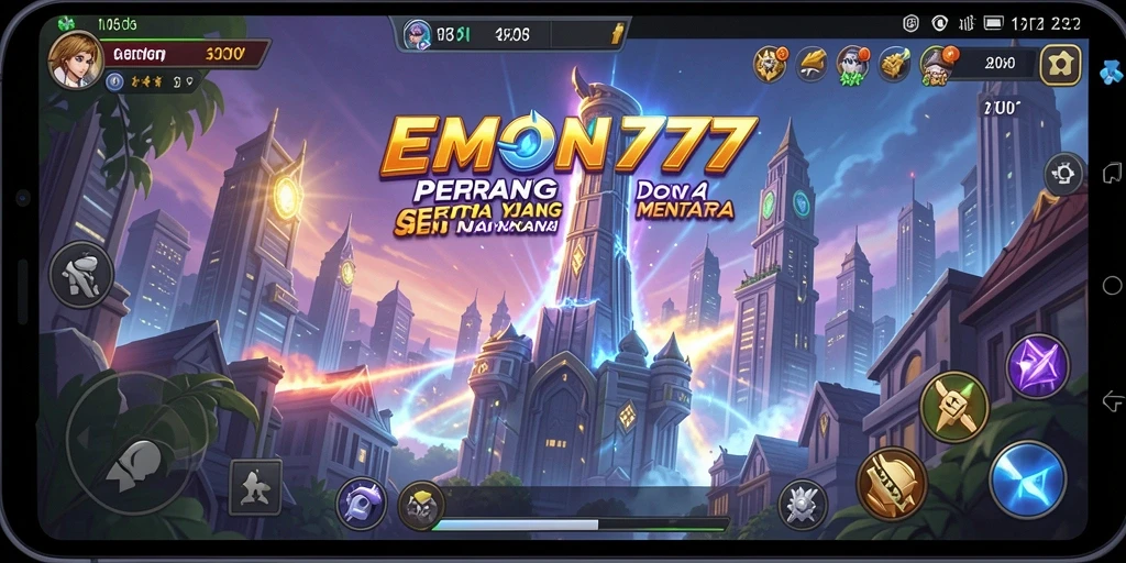 Screenshot gameplay EMON777 menunjukkan menara melawan gelombang musuh.