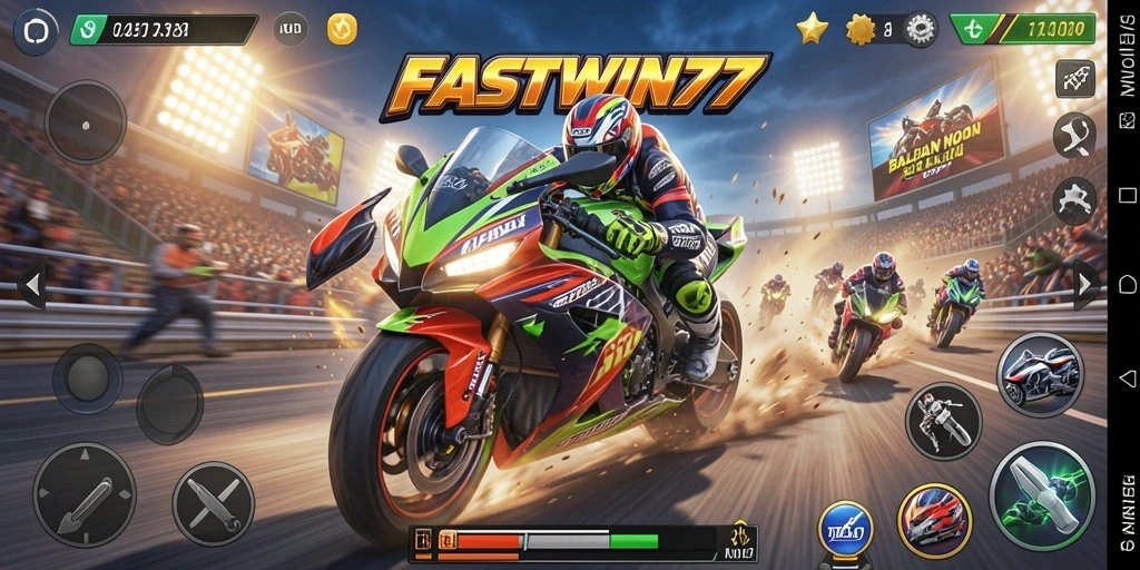 Screenshot utama FASTWIN77 menampilkan aksi balapan motor yang mendebarkan.