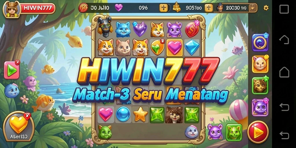 Tampilan gameplay seru HIWIN777 dengan kombinasi warna-warni Match-3.