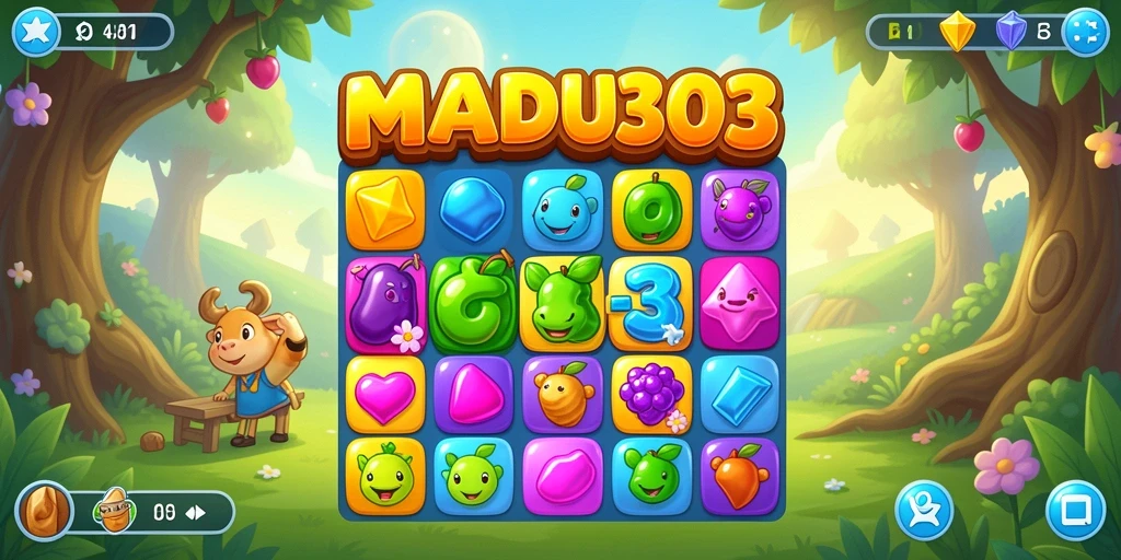 Screenshot permainan MADU303 yang menampilkan keseruan gameplay Match-3.