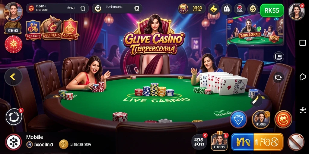 Screenshot RK55 menampilkan dealer profesional dan permainan Live Casino yang seru.