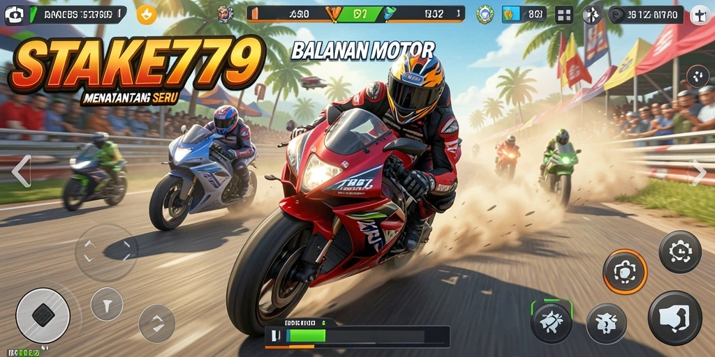 Screenshot gameplay STAKE779 menampilkan balapan motor yang menegangkan.