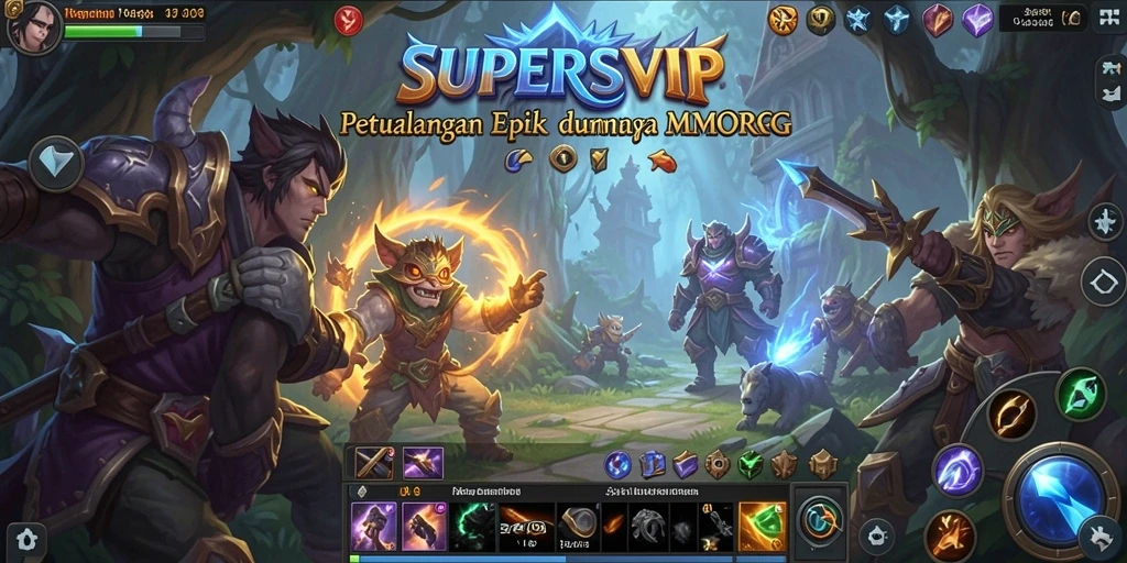 Screenshot permainan SUPERSVIP menampilkan pertarungan epik dalam dunia MMORPG.
